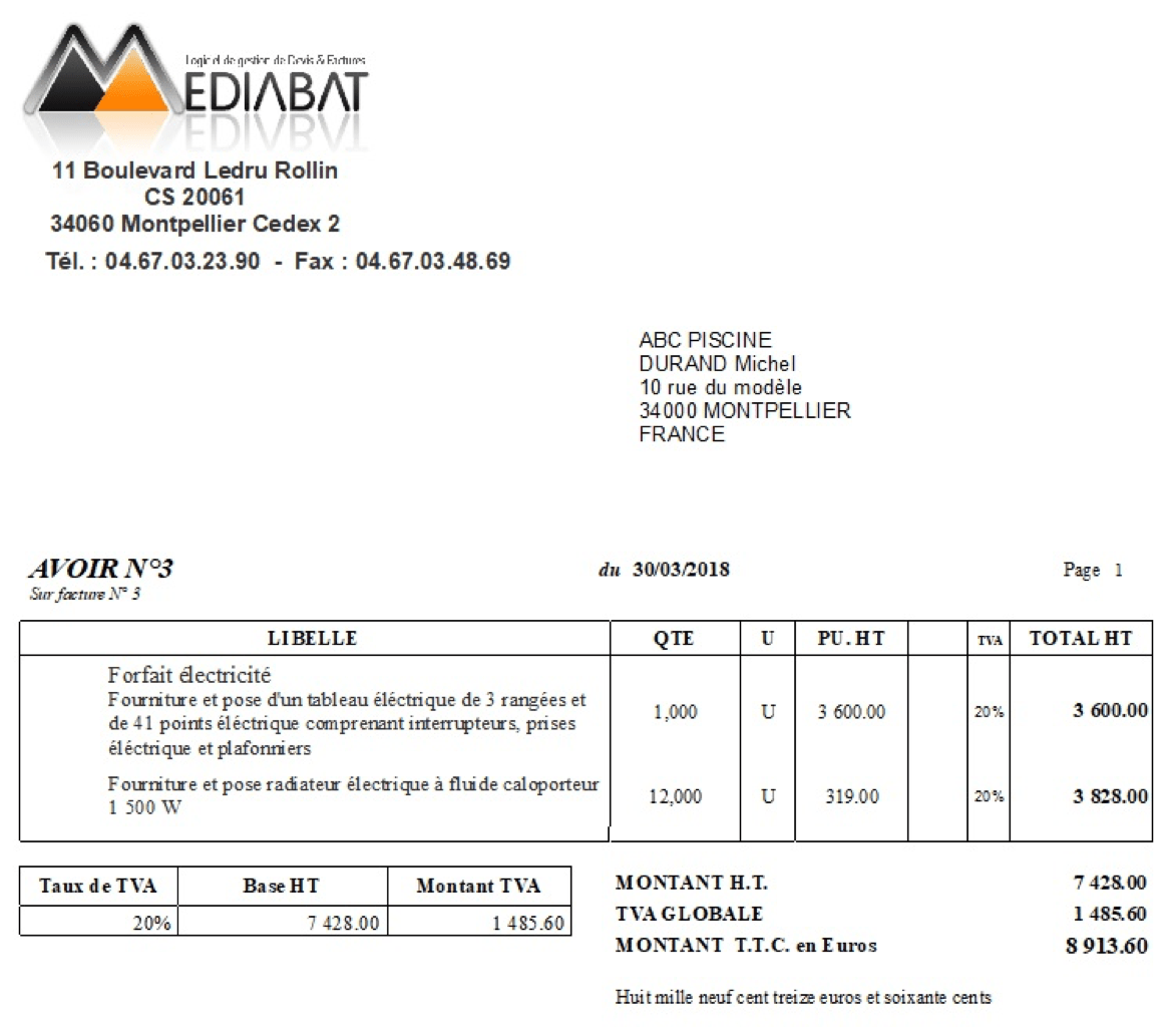 Exemple de facture d'avoir