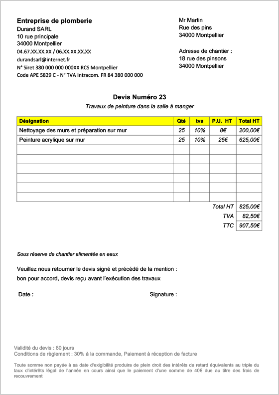 mention obligatoire devis artisan